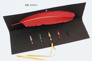 Enveloppe noire + plume + 5 plumes de couleurs différentes